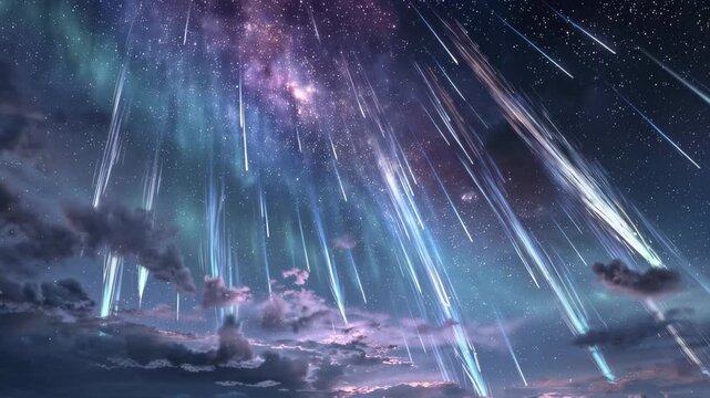 Shower of meteors lights up the night sky over a quiet landscape in the late evening