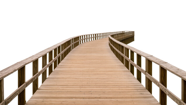 Curving wooden boardwalk with railings, isolated on transparent background