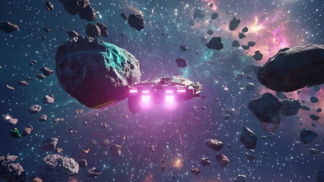 Spaceship travels through an asteroid field in deep space with bright stars shining in the background