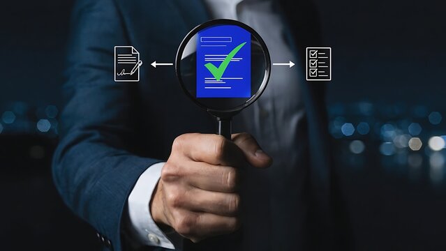 Business professional reviewing and approving digital documents with magnifying glass interface, representing document verification, approval workflow, DMS system, compliance audit