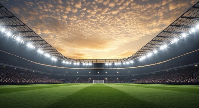 A wide angle view from the center of a professional football pitch looking towards the goalpost with a dramatic cloudy sunset sky above the massive empty stadium seating area tonight