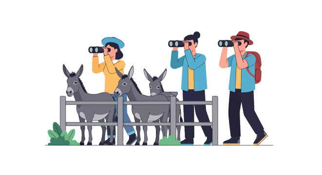 Group of People Bird Watching with Donkeys in Nature