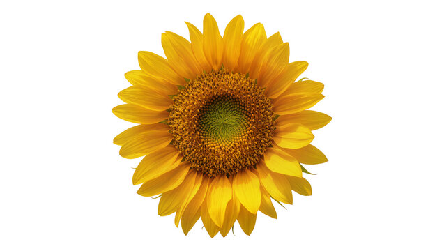 Bright yellow sunflower head with brown center, isolated on transparent background