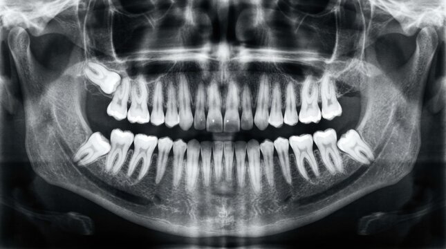 Detailed View of Dental Structure Showing Upper and Lower Teeth Alignment and Potential Issues Using X-ray Imaging Technology