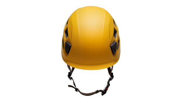 Yellow climbing helmet with black vents and straps, isolated on transparent background