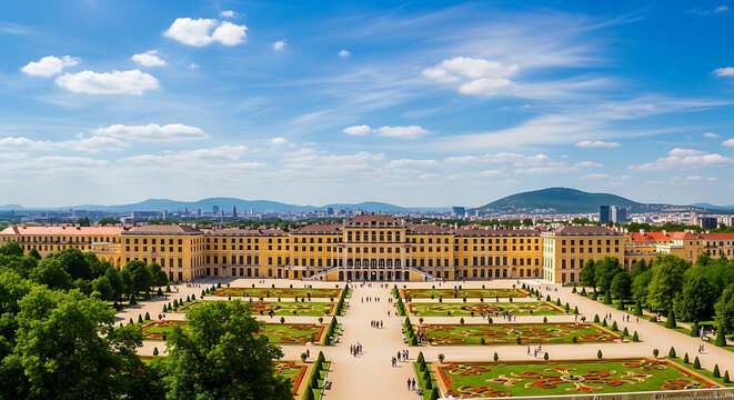 high angle view of Schonbrunn Palace in Vienna Austria. Historic imperial architecture and gardens under cloudy sky