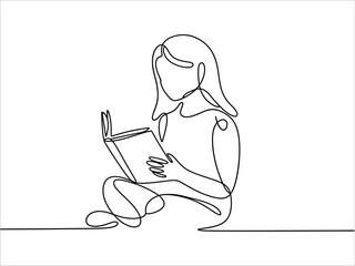 Modern Minimal Line Art of a Woman Sitting and Reading a Book in Continuous Line Drawing Style, Clean Outline Vector Illustration © puja