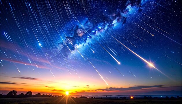 Eta Aquarid meteor shower with long trails over twilight landscape at dawn