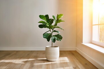 Fototapeta premium Indoor Plant by a Window With Sunlight Casting Shadows on Wooden Floor