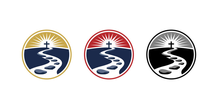 These three distinct circular logos depict a winding path made of stepping stones ascending towards a cross on a hill. a radiant sunburst illuminates the background