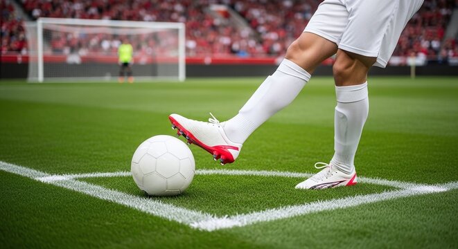A professional soccer player wearing white uniform and specialized cleats prepares to take a corner kick on a bright green grass pitch with the goal post visible in the background