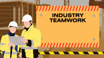 Fototapeta premium Construction Workers Reviewing Plans and Displaying Industry Teamwork Concept.