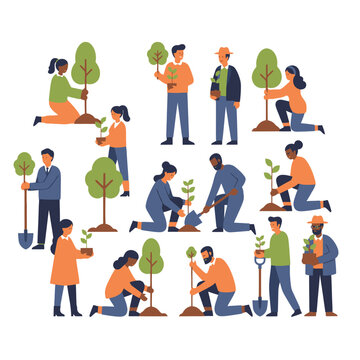 Diverse People Planting Trees and Saplings, Environmental Conservation Concept
