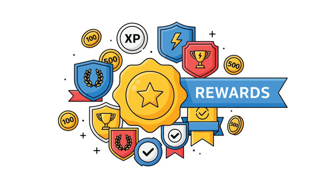 Modern vector illustration of gamification awards, badges, and coins representing achievements and recognition