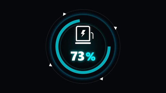 Battery gauge animation with neon circular percent indicators.