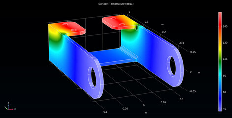 Computer 3d modeling of steel mechanical part. Thermal analysis. Investigation of temperature distribution on surface of mechanical detail. Physical properties of solids. © TKalinovskaya