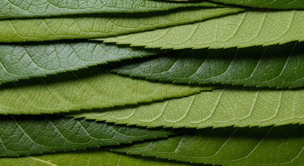 Fototapeta premium A stack of green leaves with serrated edges and visible veins on each leaf