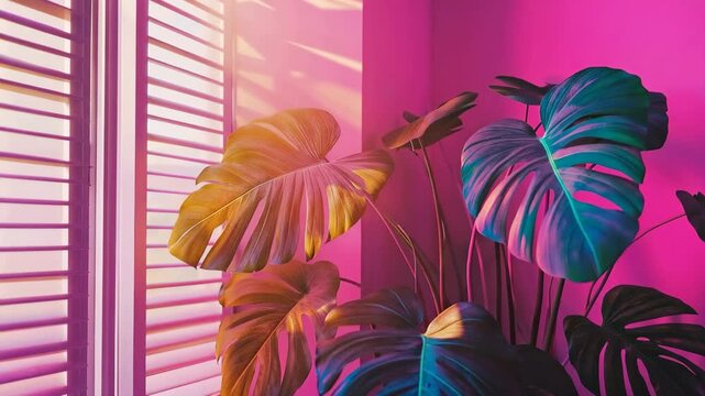 Bright light shines on tropical plant in a room with shutters and colorful walls during the afternoon
