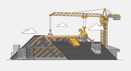 Naklejka premium Construction Worker Installing Roof with a Crane on a New Building Design Concept