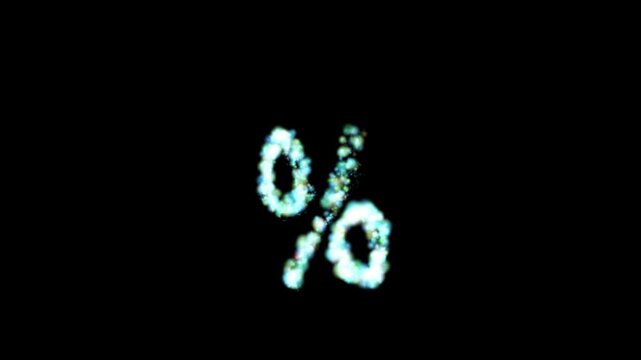 Glowing blue particle percent symbol on transparent background

Bright cool particles dynamically forming percent symbol shape with alpha channel for compositing

