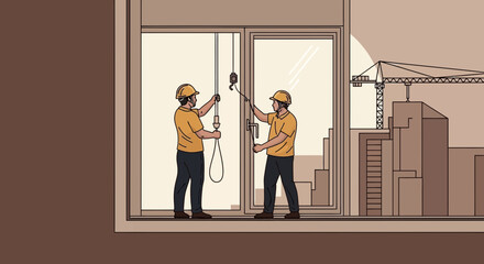 Fototapeta premium Construction Workers Checking And Working On Installation Of Elements Near Buildings