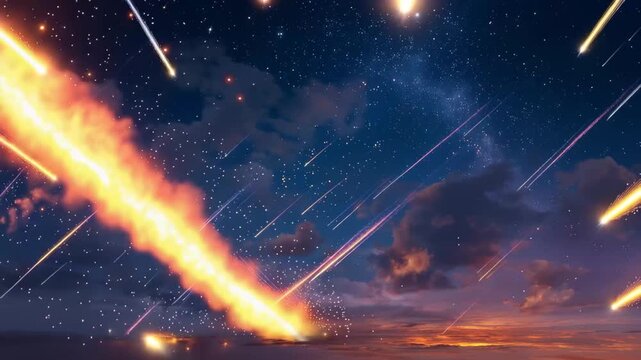 Meteor shower lights up the night sky over the mountains in late summer