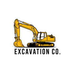 Yellow excavator illustration with text reading excavation co below it © Design Bari