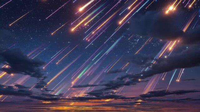 Many colorful meteors fall from the sky during a beautiful dusk over the ocean with vibrant colors lighting up the clouds