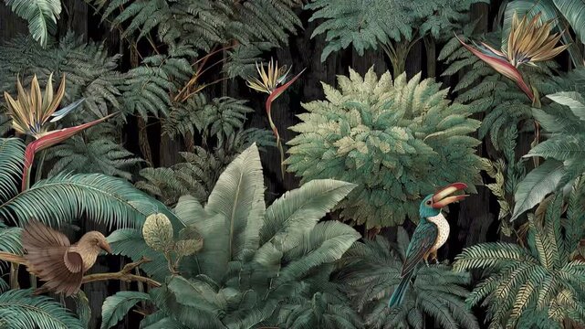Birds and plants in a colorful forest with various species interacting in a vibrant ecosystem during daylight hours