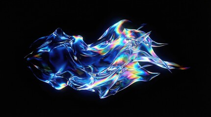 Obraz premium Abstract flowing blue iridescent fluid on black background. Digital rendering of holographic wave form representing motion and energy in modern graphic design and visual effects.
