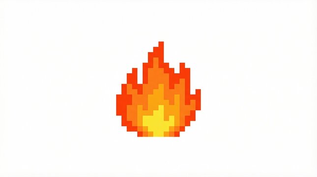 Pixelated flame burning brightly in retro style. Digital fire icon symbolizing heat and energy. Graphic element for video games and app designs