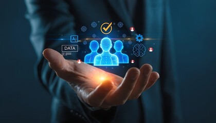 Fototapeta premium Businessman using AI and data analysis to identify target audience. Concept of customer segmentation, partner profiling, predictive analytics, CRM system.HR Technology Concept