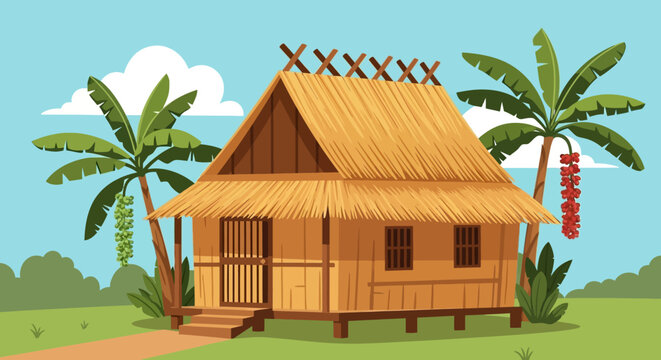 Cartoon depiction of a traditional wooden house with thatched roof and palm trees