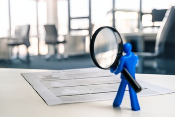 Fototapeta premium Figure Examines Documents With Magnifying Glass in Modern Office Setting During Daylight Hours