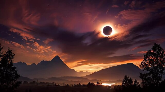 View of total solar eclipse in mountain landscape at sunset with dark sky and stars