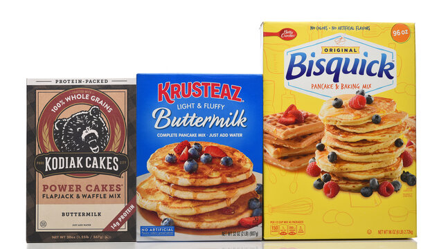 IRVINE, CALIFORNIA - 16 APR 2026: Three boxes of pancake mix from the major national brands, Bisquick, Krusteaz, and Kodiak Cakes.