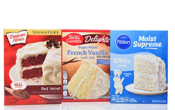 IRVINE, CALIFORNIA - 16 APR 2026: Three boxes of cake mix from the major national brands, Betty Crocker, Pillsbury and Duncan Heinz.