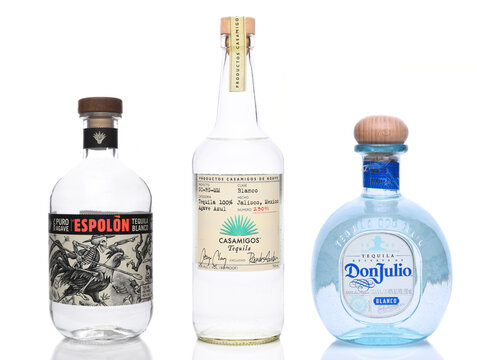 IRVINE, CALIFORNIA - 16 Apr 2026: Three 750ml bottles of Tequila. Espolon Blanco, Don Julio Blanco and Casamigos Blanco.