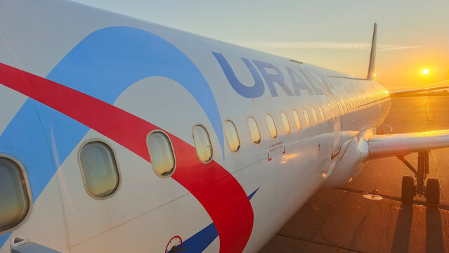 August 12, 2025.Russia. Barnaul. Airport. A Ural Airlines plane at Barnaul Airport.