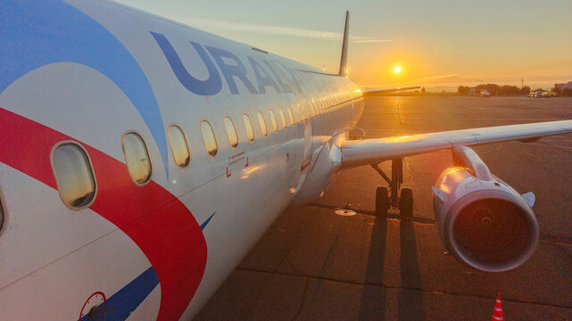 August 12, 2025.Russia. Barnaul. Airport. A Ural Airlines plane at Barnaul Airport.