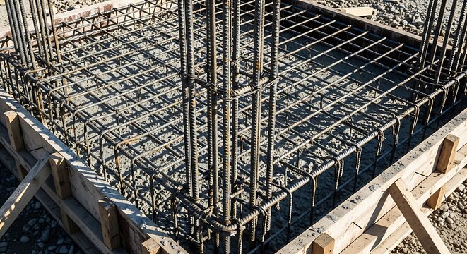 Reinforced concrete foundation with steel rebar cage and wooden formwork