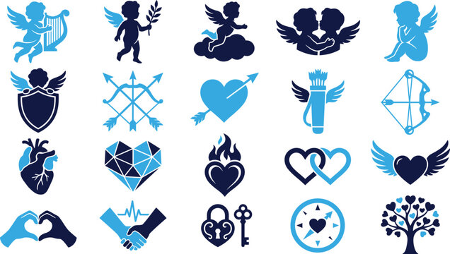 Collection of love and romance symbols, hearts, cupids, arrows, and hands in blue.
