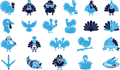 Creative turkey illustrations for Thanksgiving and holidays in blue and dark blue. © BM