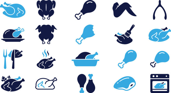 Assorted food icons including chicken parts, turkey, and kitchen utensils in blue.