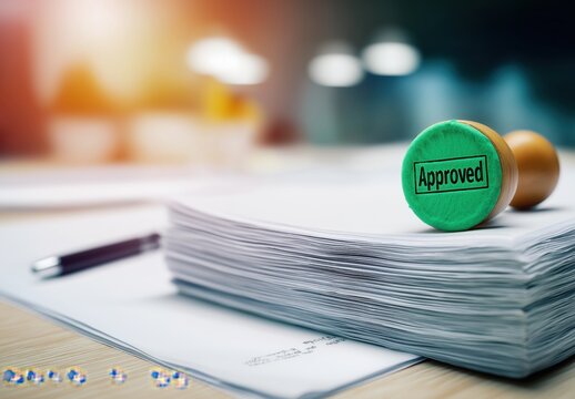 A green rubber stamp with Approved rests on a tall stack of white papers next to a pen, signifying a successful process