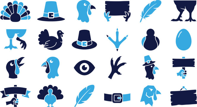 Thanksgiving holiday icons including turkeys hats and signs.