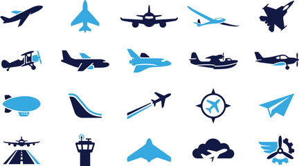 Diverse array of aviation and air travel icons with modern and retro airplane designs. © MdBabul
