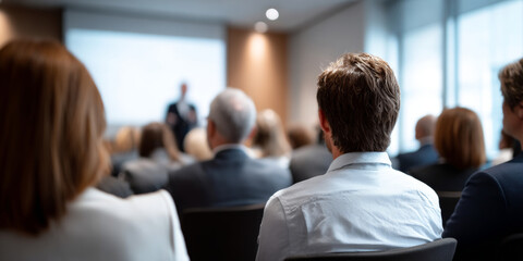 Fototapeta premium Audience of business professionals attending a corporate seminar or presentation in a modern conference room with a speaker at the front