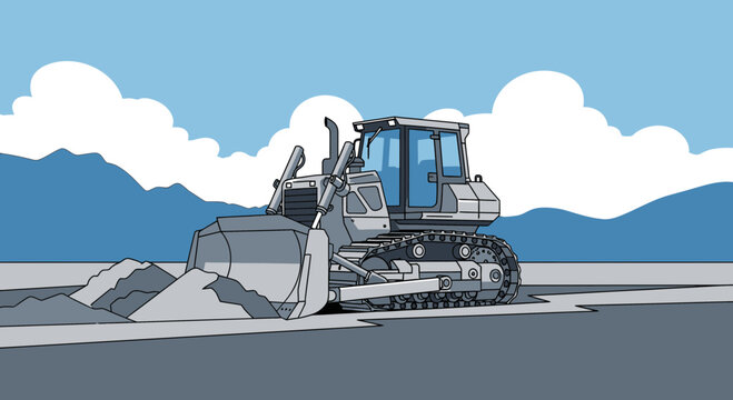 Dozer In Action, Clearing Ground With Cloudy Skies And Mountains In Background