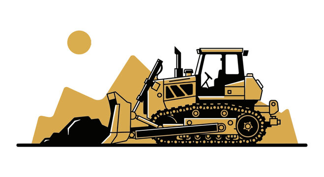 Dozer Working On Mining Earthwork With Simplistic Yellow And Black Vector Illustration